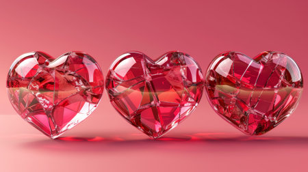 Realistic modern illustration set of red transparent broken shattered love symbol on pink background. Heartbreak and couple divorce concept..の素材