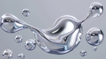 Metal 3d shape of abstract liquid for y2k design. Waves and circles and mercury droplets. Trendy mercury droplet and splash flow decoration..の素材