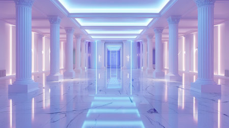 Realistic modern mock up of an empty art gallery interior dominated by walls of white, a floor of white and illumination lamps. Museum passages with lights for pictures presentation, show hall for.の素材