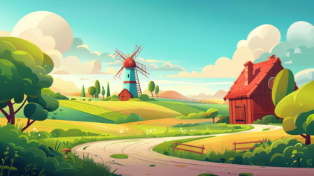 An agricultural landscape with a farm barn, windmill, water tower, and agriculture fields. Modern illustration of rural landscape with a wooden shed, road, and green trees..の素材