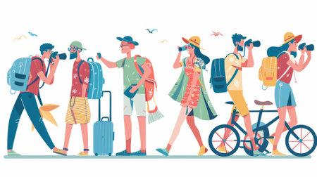 Travelers with suitcases and backpacks. Concept of travel, vacation journey, tourism. Modern flat illustration of travelers, a man with a camera, a couple taking a photo, a girl riding a bike, a guy.の素材