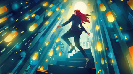 Concept of self-development, personal growth, and professional advancement. Modern landing page with cartoon illustration of business woman running up stairs.の素材