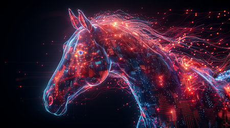 Horse head with a futuristic, colorful design combined with an electronic board, a powerful technology conceptの素材