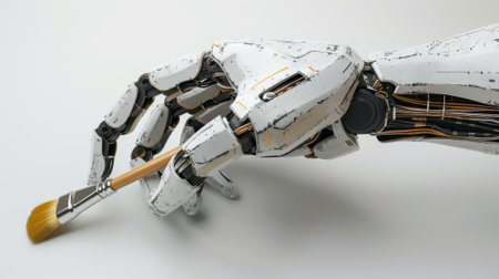 Sculpture of a 3D robot hand holding a paintbrush over a white backgroundの素材