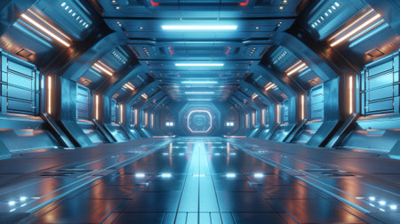 3D rendering of futuristic interior with empty stage. Science fiction futuristic background.の素材
