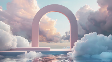 The beautiful nature backdrop for product displays. 3D seascape scene at night with cloudy skies and an arch frame..の素材