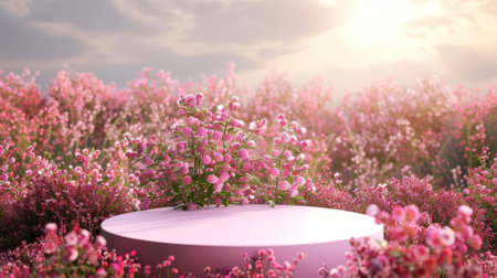 An elegant podium backdrop with a field of spring roses. A 3D rendering......の素材