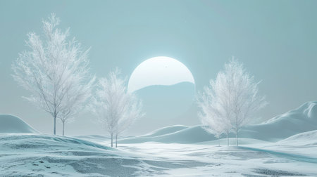An abstract winter landscape scene background. A surreal scene rendered in 3D..の素材
