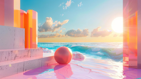 An abstract summer landscape scene with a geometric form. Ocean beach view in 3D....の素材