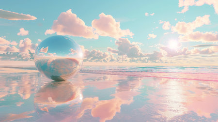 The abstract background of a summer beach scene is reflected in a mirror. Rendering in 3D..の素材