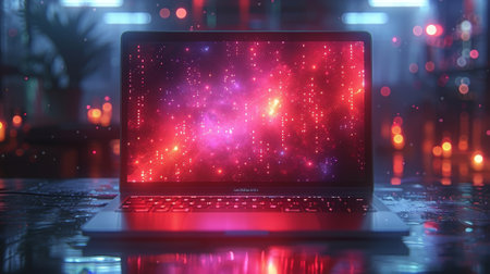 Computer program code on screen, modern laptop on desk with abstract neon geometrical design elements. Programming, coding, software development concept banner.の素材