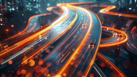 3D rendering of highway in city. Motion blur at high speed. Business concept, high-tech background. Artificial intelligence, hyper loop, virtual reality, high-speed network.の素材