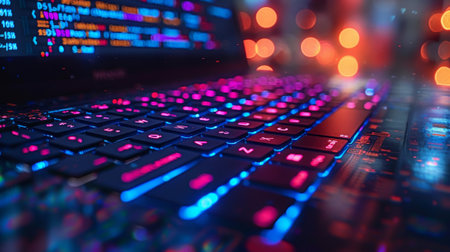 The technology of Software development, web design, programming. Computer screens showing the program code, data, and interface elements. The technology of Software development banner.の素材