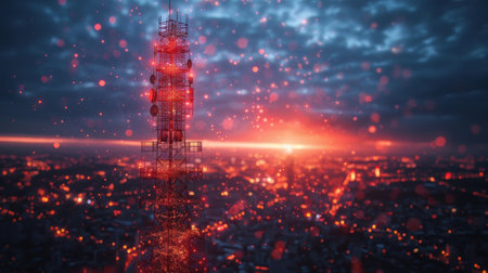 A 5G mobile internet communication tower transmits telecommunication signals. A 5G communication tower broadcasts a mobile signal. Communicator technology. 5G communication tower transmitsの素材