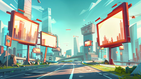 Toward the city with billboards and a cityscape of skyscrapers, office buildings, and modern houses. Urban landscape, empty highway, advertising banner, and view of the city skyline. Modern.の素材