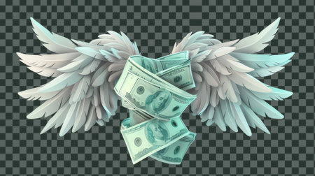 A bundle of money banknotes with flying wings isolated on transparent background. Various finance icons including payment, inflation, shopping, and savings loss..の素材