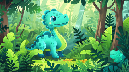 Baby diplodocus in prehistoric forest with green plants. Cartoon illustration of tropical wood, rainforest landscape with funny dinosaurs..の素材