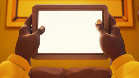 In this 3D render illustration, a man holds a tablet computer with an empty white screen. African American hands hold and use a digital device, smart gadget with an empty touchscreen..の素材
