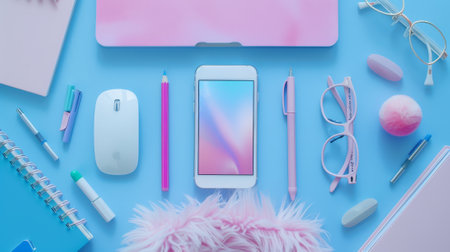 Workspace table interior elements collection for creative digital home learning with cute fluffy notebook, phone, glasses, mouse and pencil isolated at top..の素材
