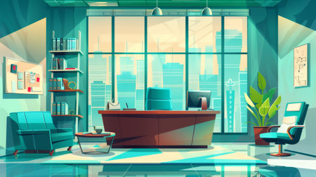 A bank office interior with a large window, a computer on the desk, a chair, a couch for clients, and a cash desk behind a glass wall. Modern illustration of room with shelf of folders and a view of.の素材