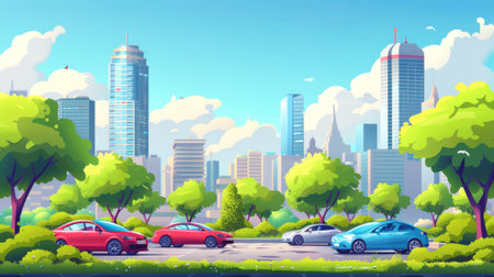 Modern illustration of cars in a parking lot in a summer city. This is a modern cityscape with skyscrapers, a park with green grass, trees, bushes, clouds in the sky, urban housing buildings and.の素材