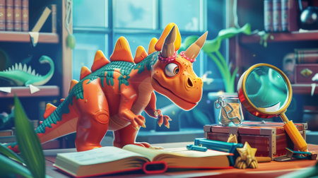 Phylogenetic analysis of dinosaur fossils in Jurassic Archaeology Museum. Molecular analysis of tyrannosaurus DNA and ammonite magnifiers in Palaeontology Science Laboratory..の素材