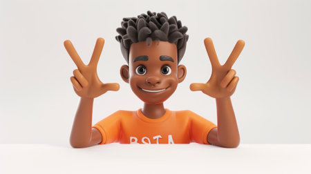 Different gestures of an African American man's hand, including victory, okay, pointing and stopping, all isolated on white background in 3D. Illustration of an open palm and 2 fingers on a white.の素材