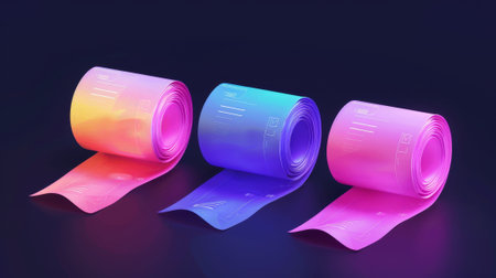 This mockup set contains 3D realistic transaction bills from shops. Blank cash checkout receipts from supermarkets or banks are displayed on a transparent background. POS machine receipts are.の素材