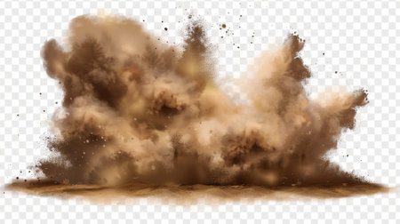 This realistic modern illustration of a desert sandstorm, a brown dusty cloud or dry sand flying with gusts of wind, and a big explosion against a transparent background features brown dusty clouds,.の素材