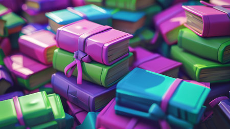 Colorful illustration of pile of hardcover literature volumes of different sizes and colors lying on the surface of a shelf. Library icon. Reading hobby. 3D illustration..の素材