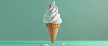 Design of an ice cream cone on a green mint background. Rendering in 3Dの素材