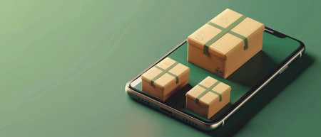 A 3D rendering shows a parcel delivery online on a smartphone against a green background.の素材