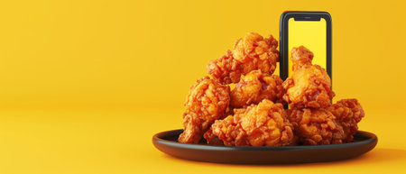 A 3D rendering of Fried Chicken on a smartphone with a yellow background.の素材