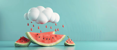 Creative idea for a rainy summer with a watermelon and cloud. Visualization in 3Dの素材