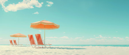 3D rendering of beach umbrella with chairs on the sand. Summer vacation concept.の素材