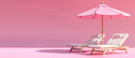 A beach umbrella with chairs on a pink background. Summer vacation concept. 3D rendering.の素材