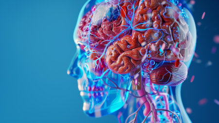 History of the study of human anatomy. A creative image of the human brain. The concept of history, education, science, medicine.の素材