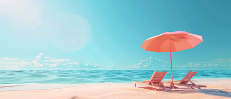 A beach umbrella with chairs on a paper beach. Concept for a summer vacation. 3D renderingの素材