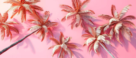 This is a 3D render of a pattern palm tree on a pastel pink background. It is summer in the tropics.の素材