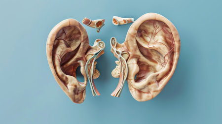 Collage of human ears on white background. Hearing and balance organの素材