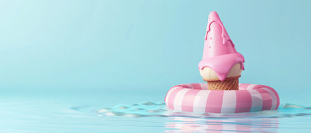 Minimal summer concept of pink ice cream melting with swimming ring on pastel blue background. 3d rendering.の素材