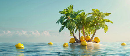 A creative idea for a lemon island. It's a minimalist summer concept rendered in 3D.の素材
