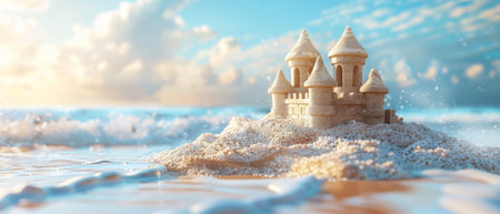 Summer vacation concept. Rendering of a 3D sand castle on the beach.の素材