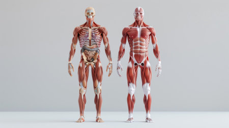 Isolated male and female muscular skeletal systems. This image is part of a series of muscle medical images.の素材