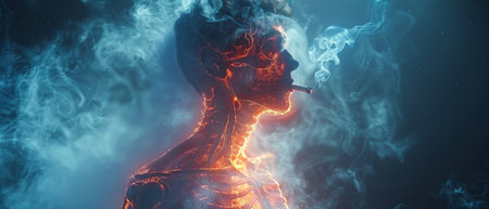 On a gray background, a man smokes with an x-ray of his lungsの素材