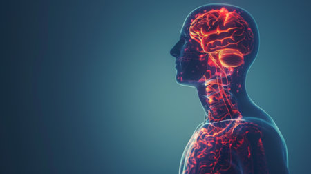 A side profile of a man displaying his brain activity and brain structure.の素材