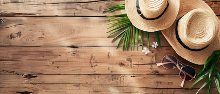With copy space, a flat lay of summer accessories is displayed on an old wooden texture background.の素材
