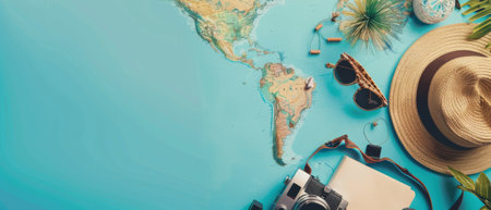 Travel accessories flat lay on blue background with copy space.の素材