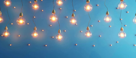 Three-dimensional rendering of light bulbs against a blue backgroundの素材