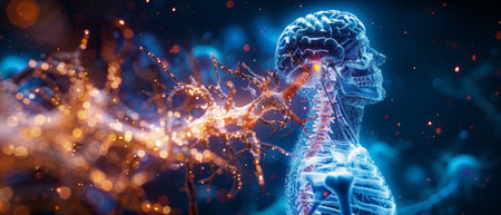 The peripheral nervous system, medical modern illustration diagram with nerves, nerve roots, and spinal cord. Educational scheme poster.の素材